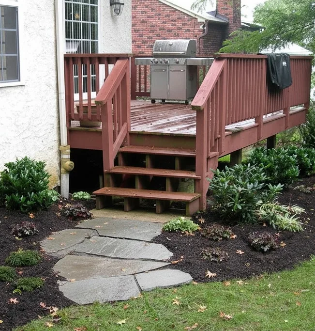 Backyard deck with new landscaping and stone walkway
