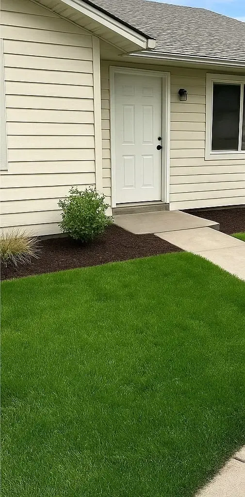 Front yard after landscaping with lush green grass